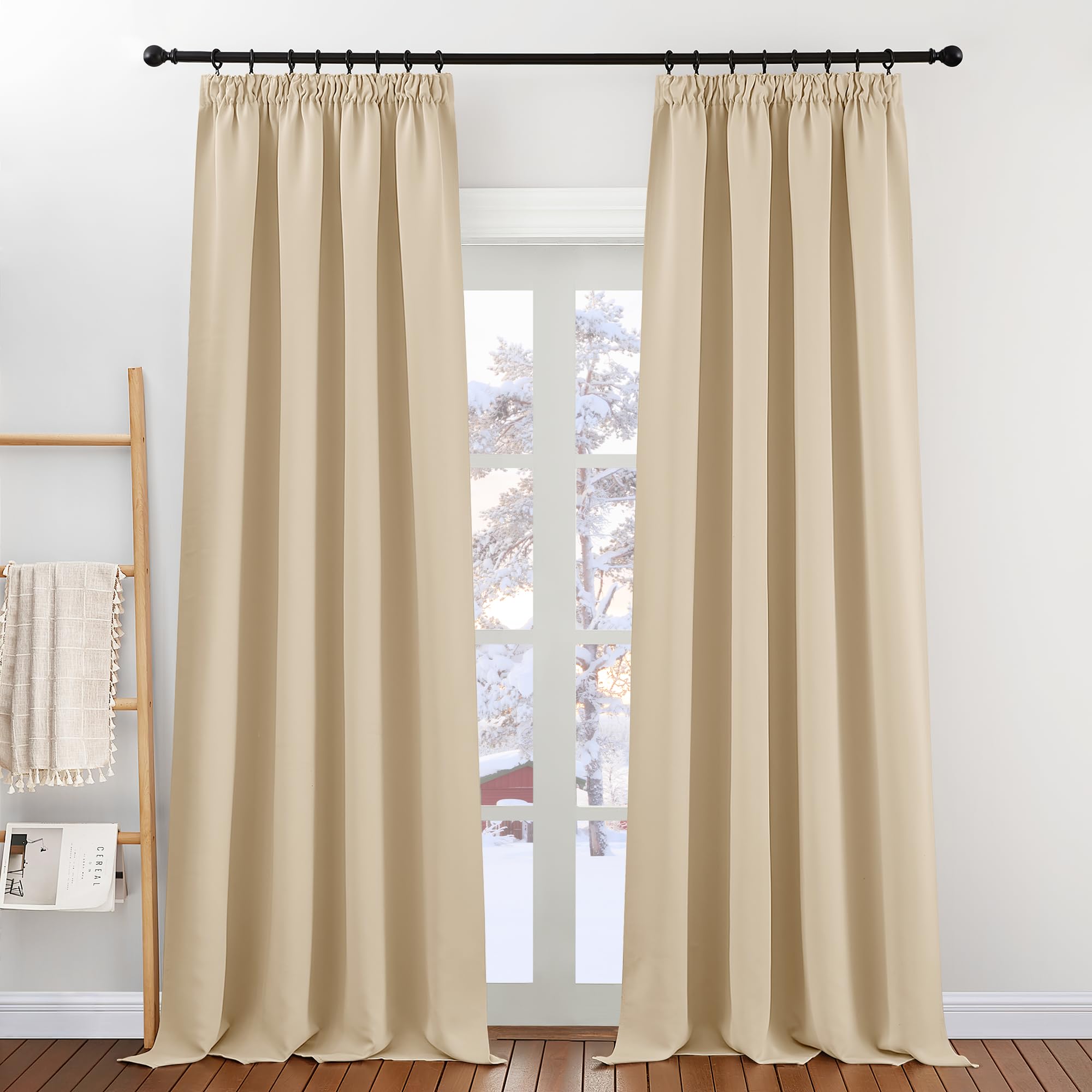 PONY DANCE Tende Termiche con Fettuccia 2 Pezzi 140x260 CM - Tende Oscuranti per Soggiorno Eleganti Tenda Oscurante Porta Finestra Tenda Termica Isolante Caldo, Beige