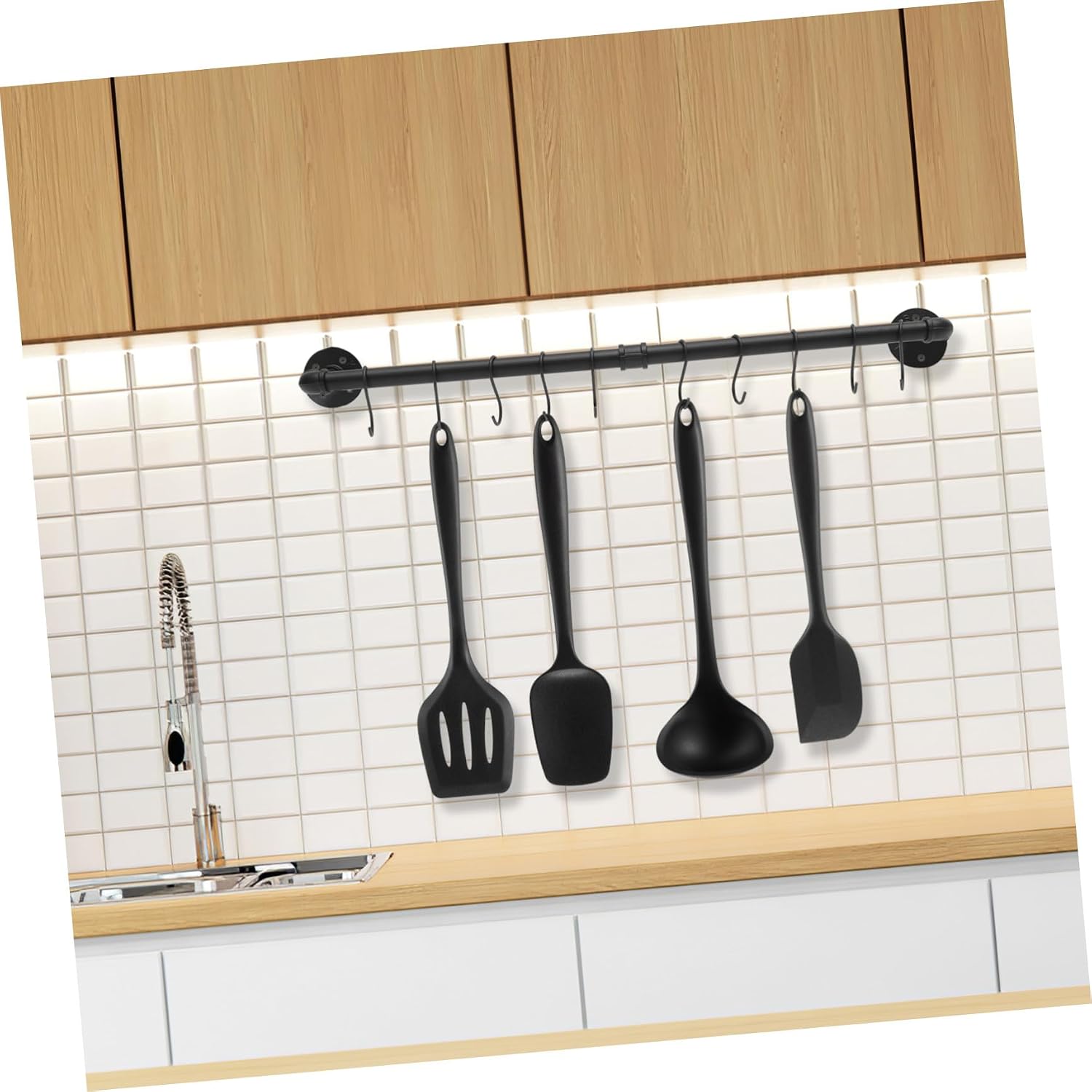 UKCOCO Wall-mounted Kitchen Pot Pan Organizer Rack with Hooks, 13x80cm Industrial Metal Hanging Utensil Rack for Cookware Storage and Kitchen Hanging Rail
