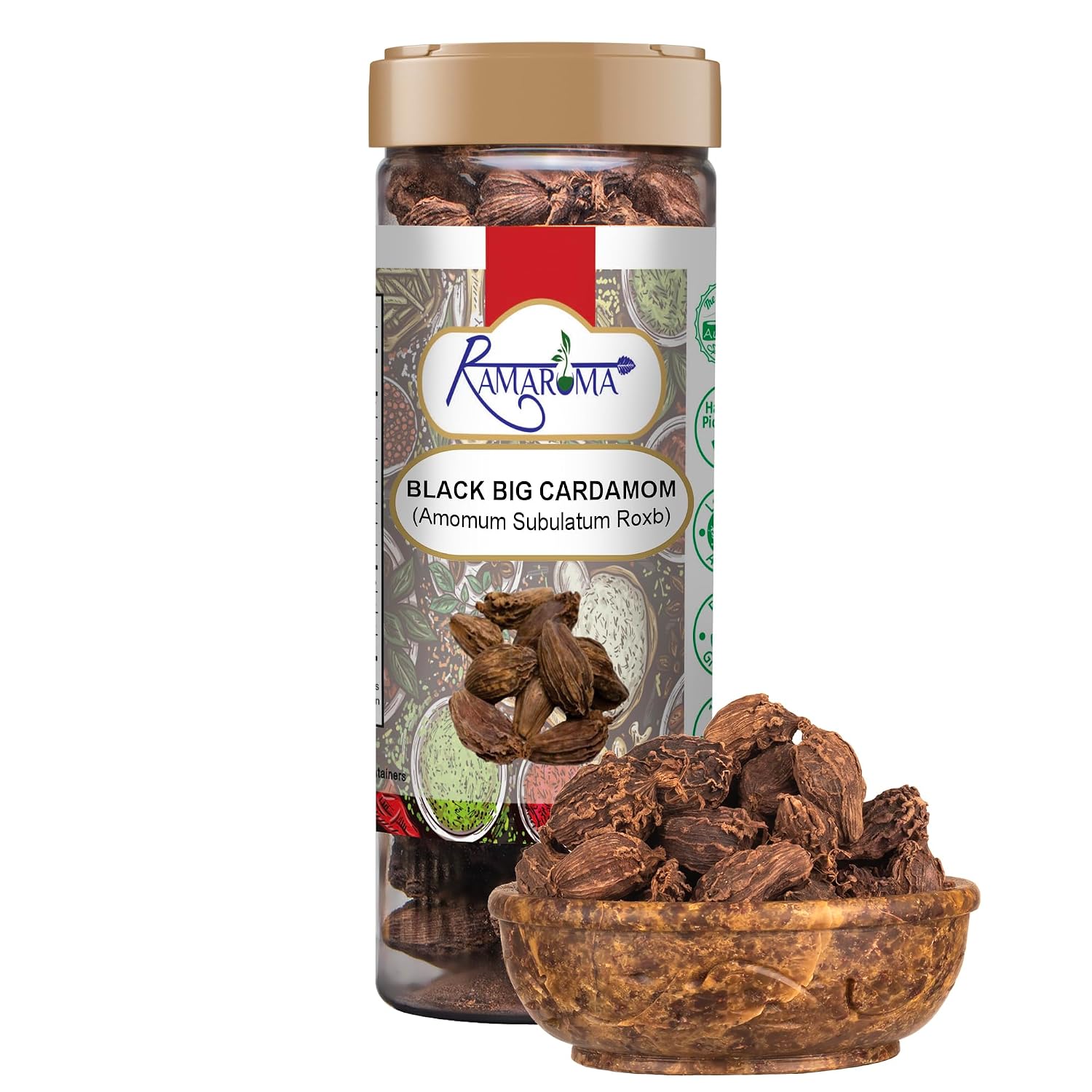 Ramaroma Black Cardamom Pods (Kali Elachi) Whole Indian Spice 3oz (85g) All Natural | Vegan | Gluten Friendly | NON-GMO | Smokey | Tsaoko | Cao Guo | Bach Dan Khau | बड़ी इलायची