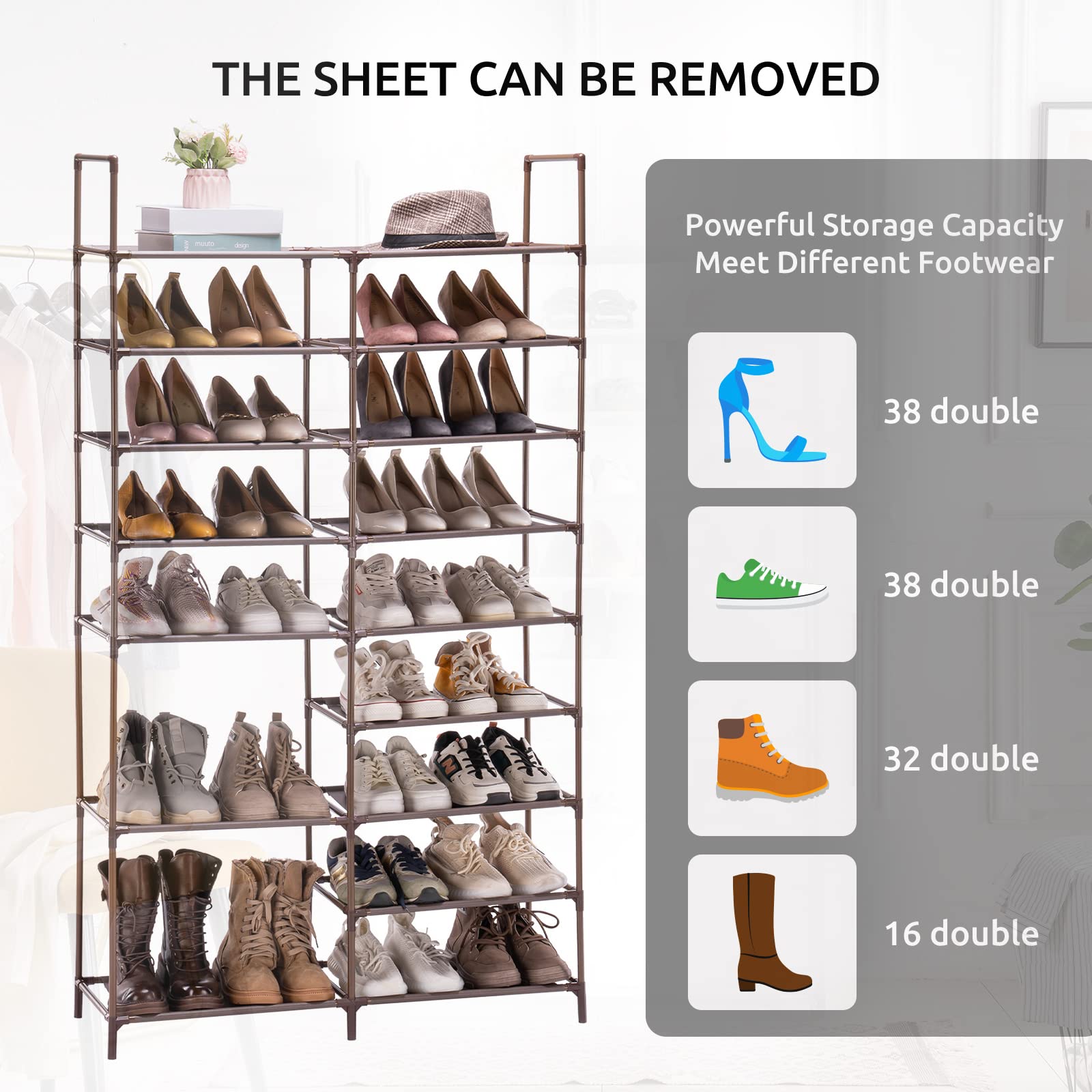 YOUDENOVA 9 Tiers Shoe Rack, 24-35 Pairs Large Shoe Rack Organizer, Space Saving Shoe Shelf, Non-Woven Fabric Shoe Storage Cabinet, Brown