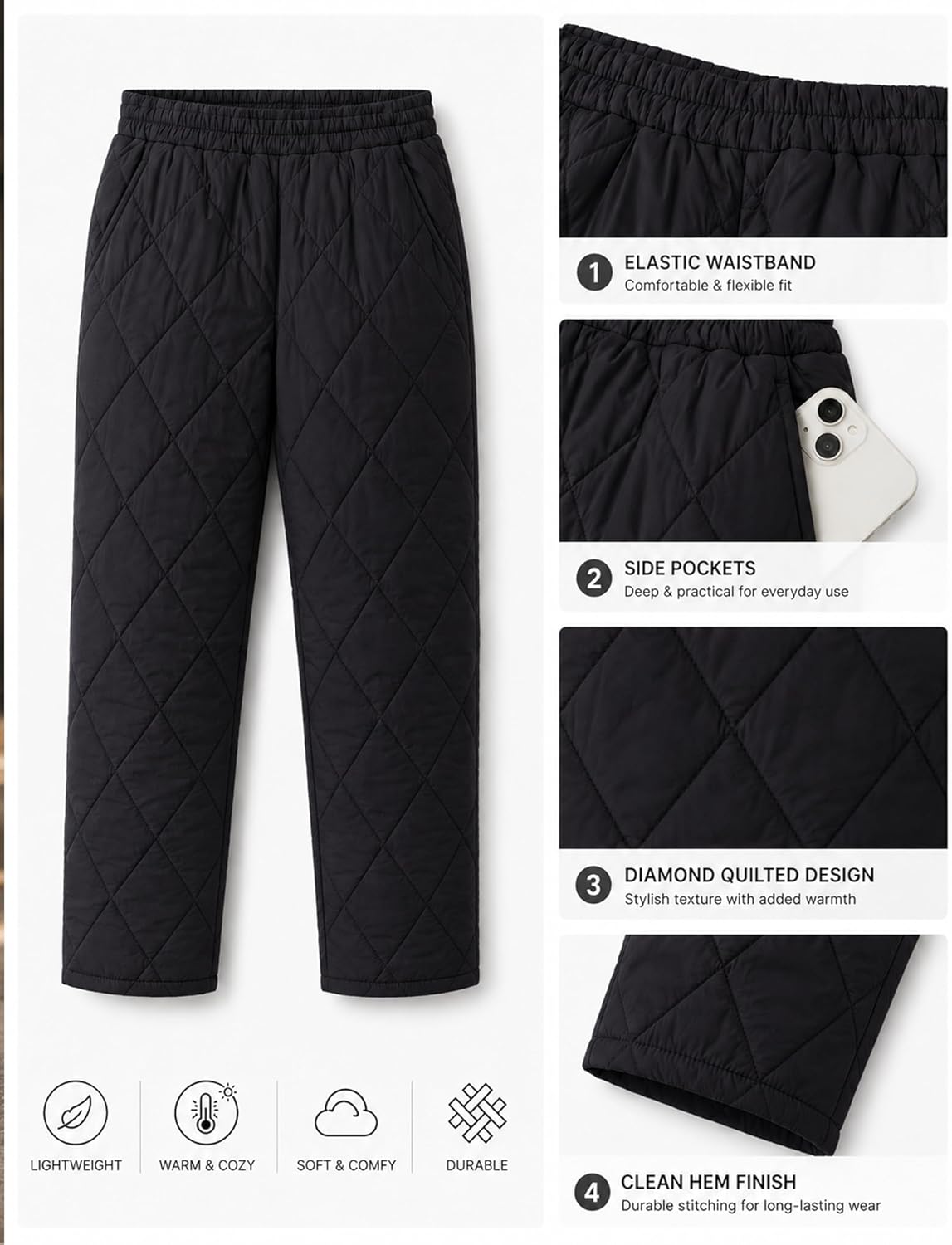 Women's Windproof Waterproof Snow Pants Elastic Waist Ultralight Winter Warm Down Padded Outdoor Trousers