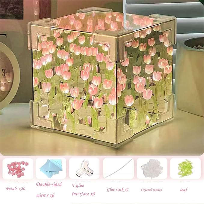 Neioaas Tulip Night Light - Handmade DIY Tulip Cube Mirror Light, Tulip Flower Table Lamp & Mirror 2-in-1,20 Flowers Tulip Decoration Light Birthday Gifts for Women and Girl(Pink Tulips) photo 3