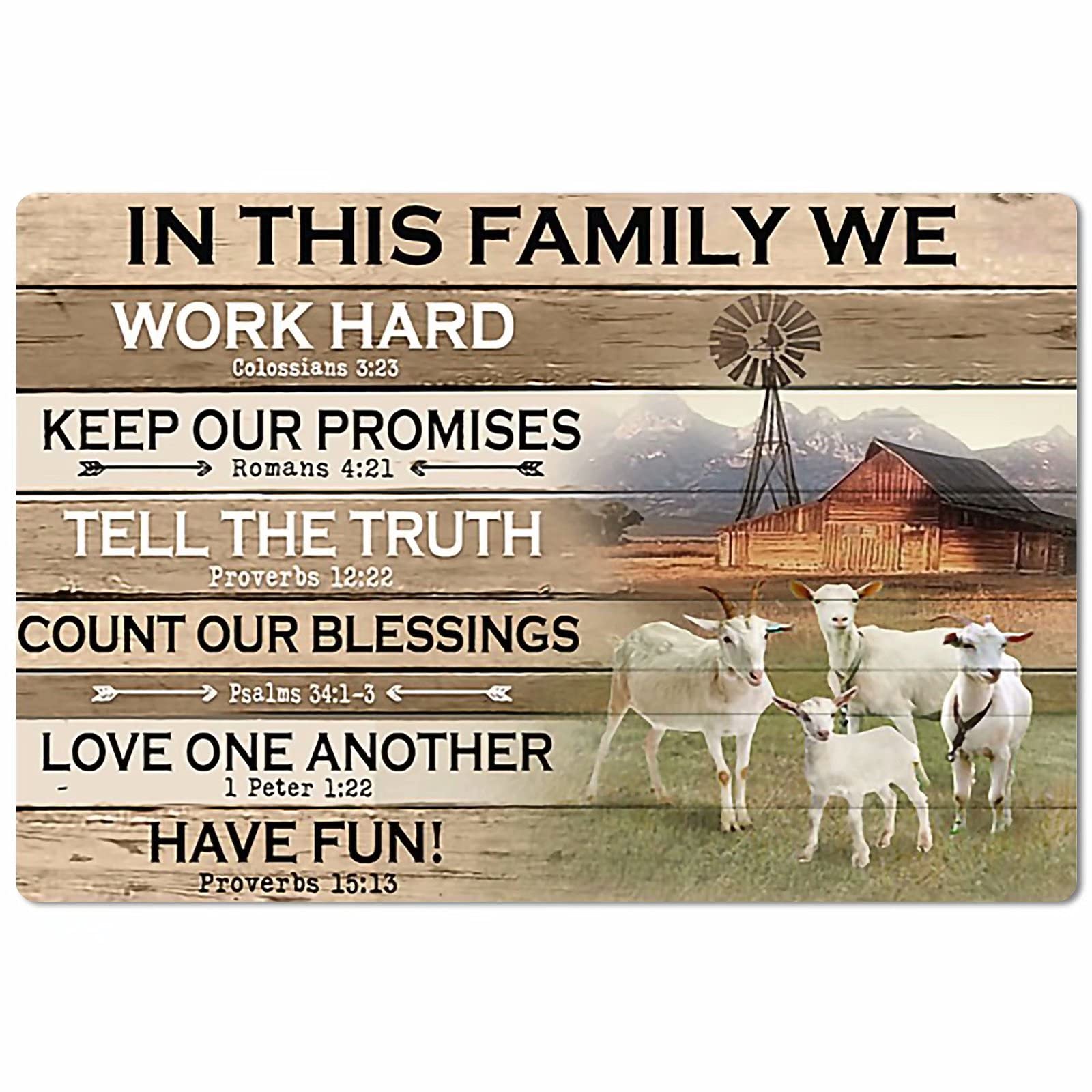 Lawenp Farm Goat Retro Style Metal Tin Sign,in The Family We Work Hard,Wall Decor for Farm Home Bar Restaurant Cafe Pub Outdoor 12x16 Inch