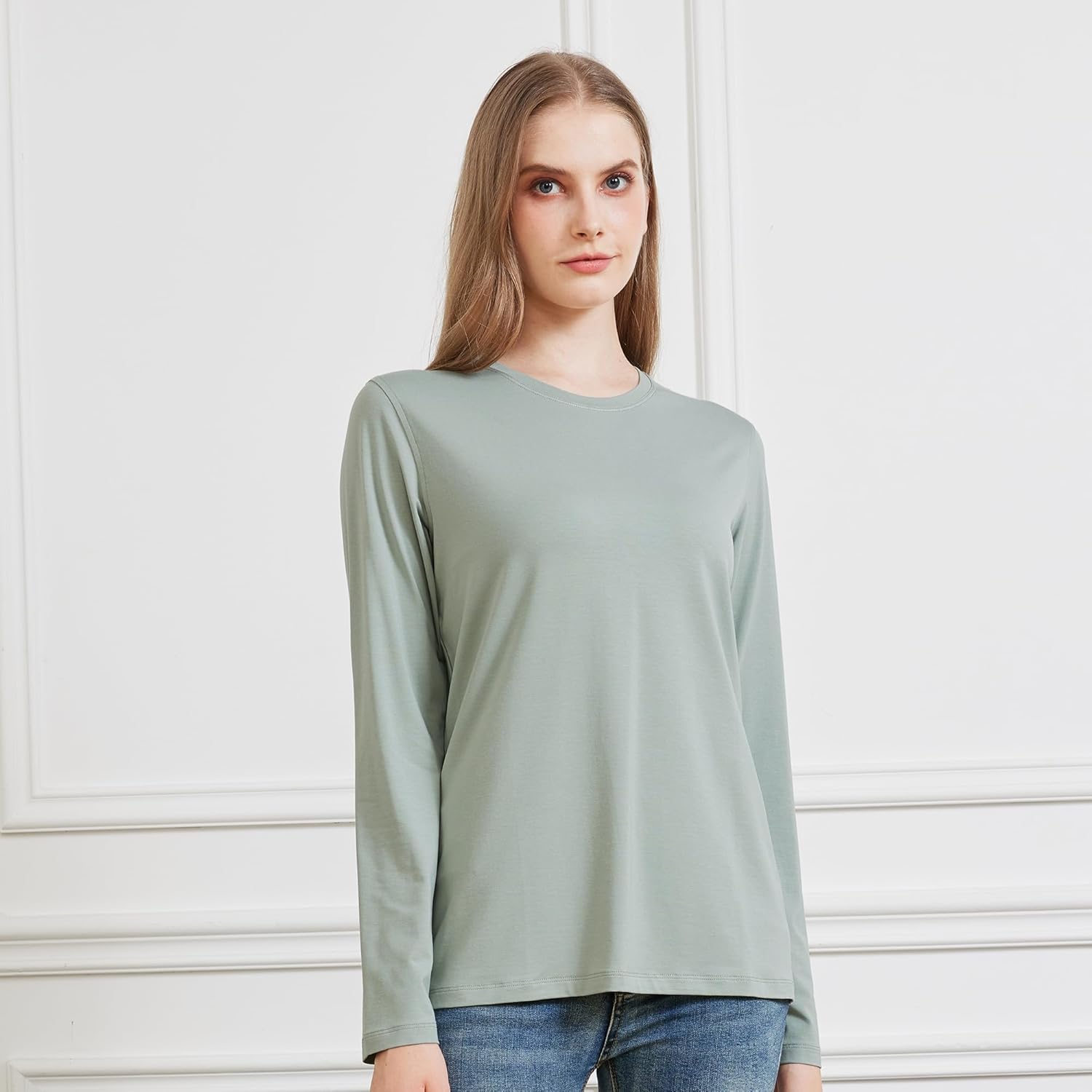 netdraw Women's Bamboo Viscose Cotton Long Sleeve T-Shirt, Crew Neck Buttery Soft Comfy Casual Lounge Sleep Pajama Tees - Image 2