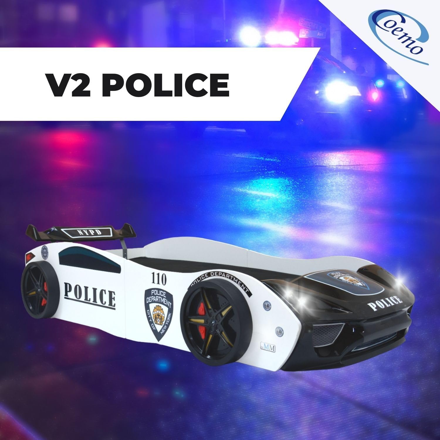 Coemo Kinder Autobett V2 Police Kinderbett 90x200 im Rennwagen super Streifenwagen Design mit LED Beleuchtung und Lattenrost für Jungen und Mädchen - Betten Farbe Weiß