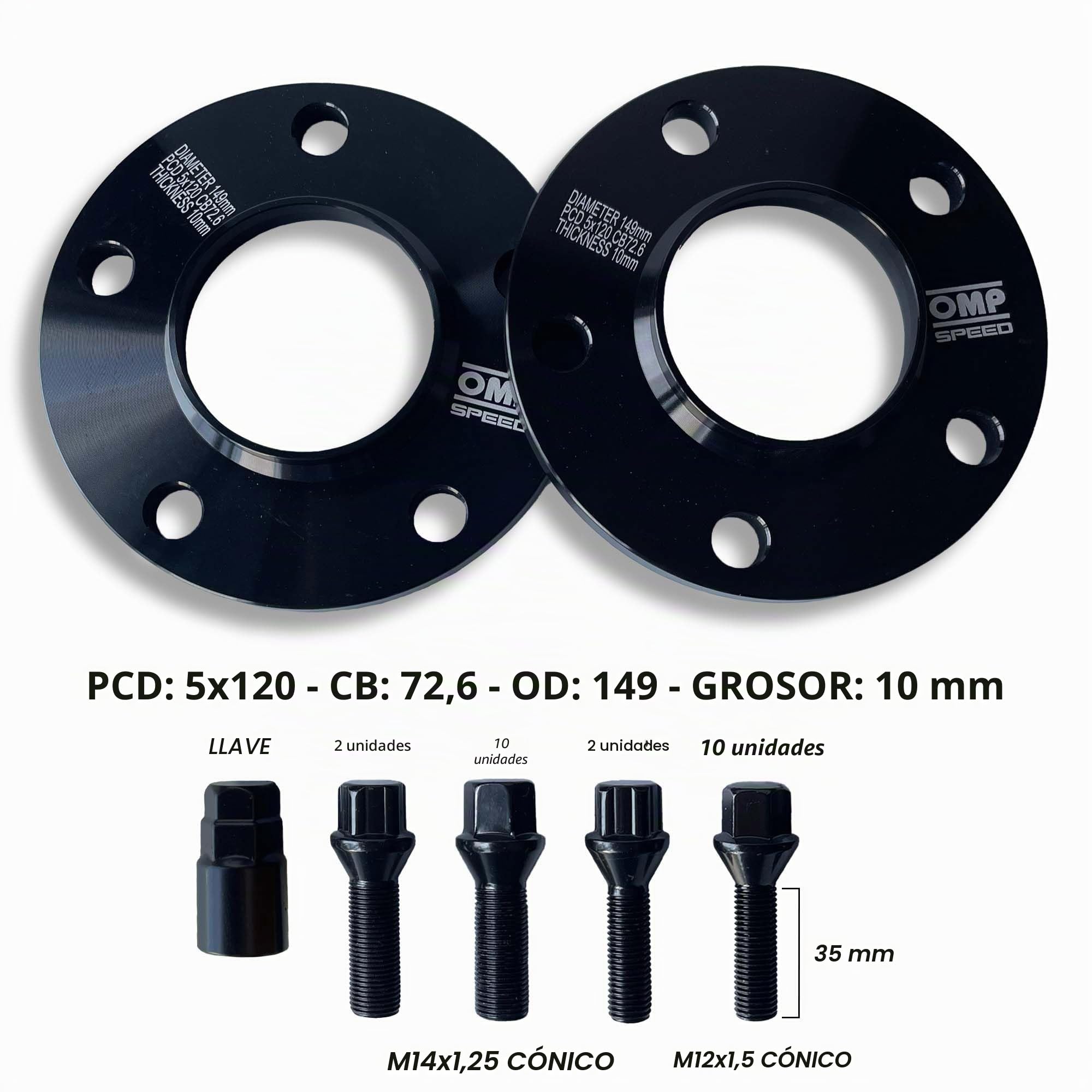 OMP Speed Juego de 2 Separadores Doble Centrado Grosor: 10mm PCD: 5x120 CB: 72.6 OD: 149 Tornillo x20 M12x1.5 Conico + M14x1.25 Conico + Antiropo Negro Aluminio - OMPS09151001