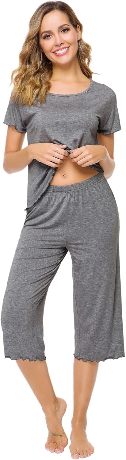 WiWi Pajamas for Women Super Soft Pajama Sets Cooling Short Sleeve Top Capri Pants Viscose from Bamboo Sleepwear Pjs S-4X - Image 2