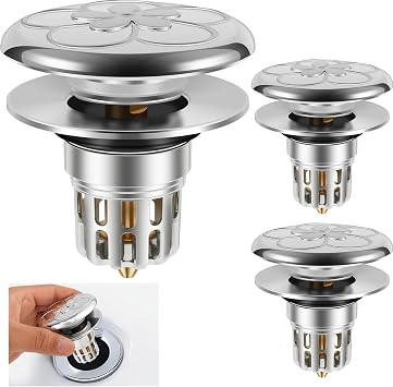 3Pcs Bathroom Sink Stopper with Drain Hole Pop Up Sink Drain Stopper Universal Pop Up Sink Drain Strainer for 34 to 40mm Drain Holes Removable Stainless Steel Basin Drain Strainer for Bathroom Kitchen