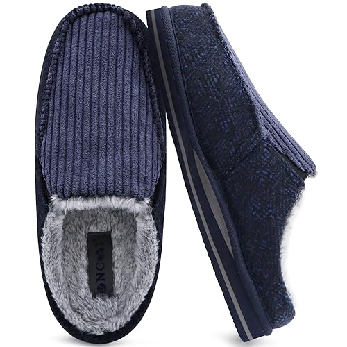 Mens Clog Slippers with Arch Support Stripe Faux Fur Cotton-Blend
