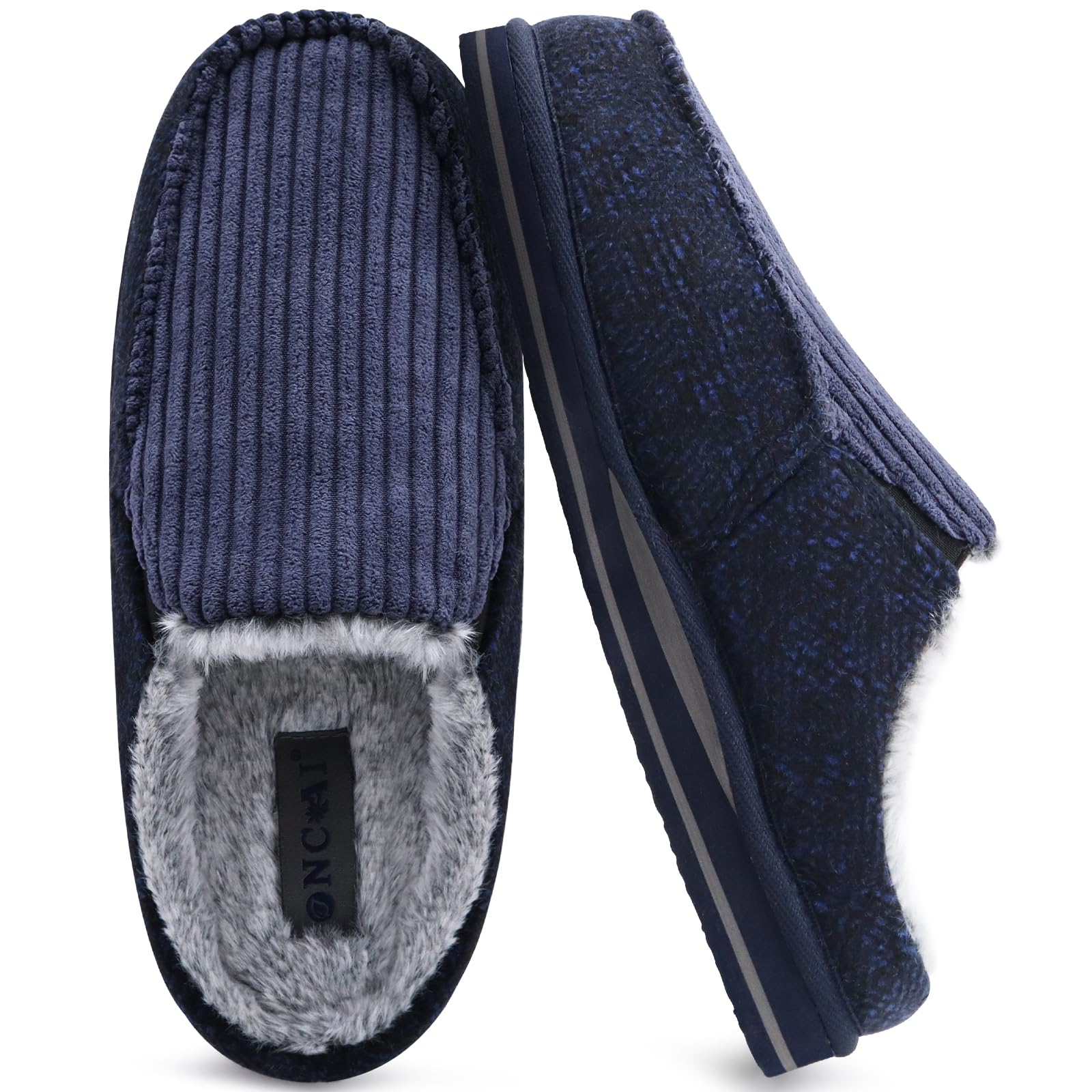 ONCAI Pantofole da Uomo in Comfort Pelo Cotone Strisce Ciabatte da Casa in Lana con Memory Foam Supporto Arco Suola in Gomma Taglia 40-50