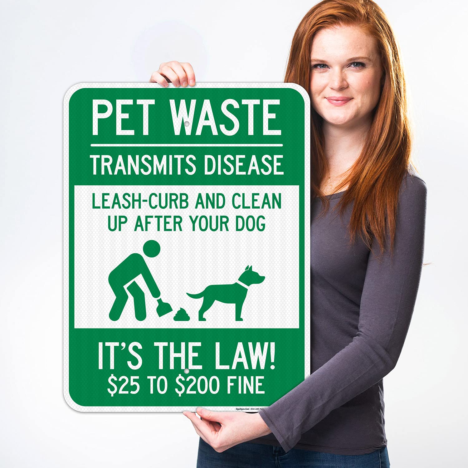 Pet Waste Leash-Curb and Clean Up After Your Dog It's The Law $25 to $200 Fine Sign, 18x24 Inches, 3M EGP Reflective .080 Aluminum, Fade Resistant, Made in USA