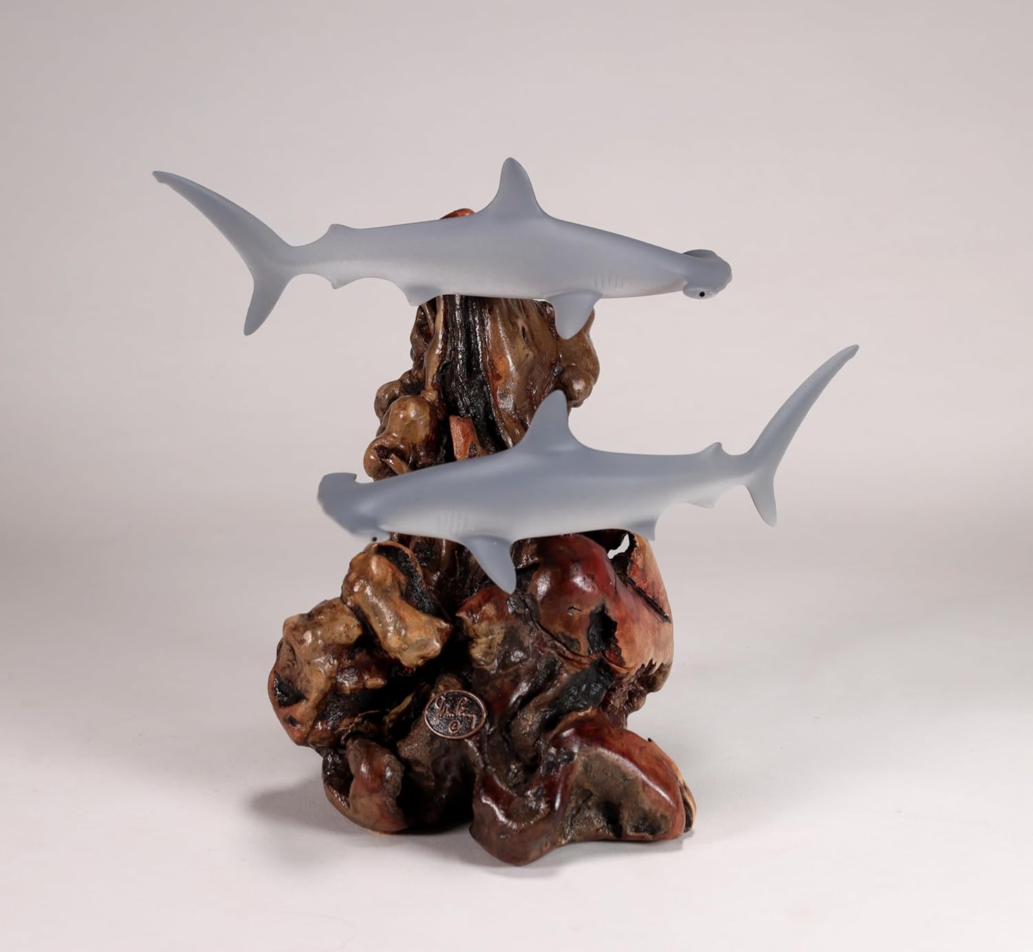 Hammerhead Shark Duo Sculpture by John Perry 7 in Long Airbrushed on burlwood Base Signed.