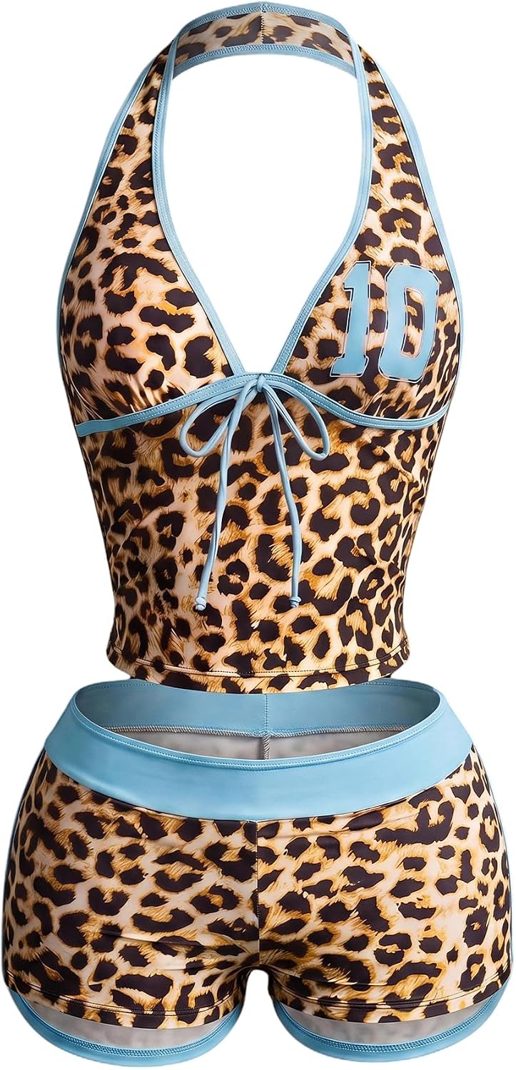 SOLY HUX Women's Leopard Tankini Swimsuits Number Graphic Halter Top and Boyshorts Bottom Bathing Suit Two Piece Swimsuit