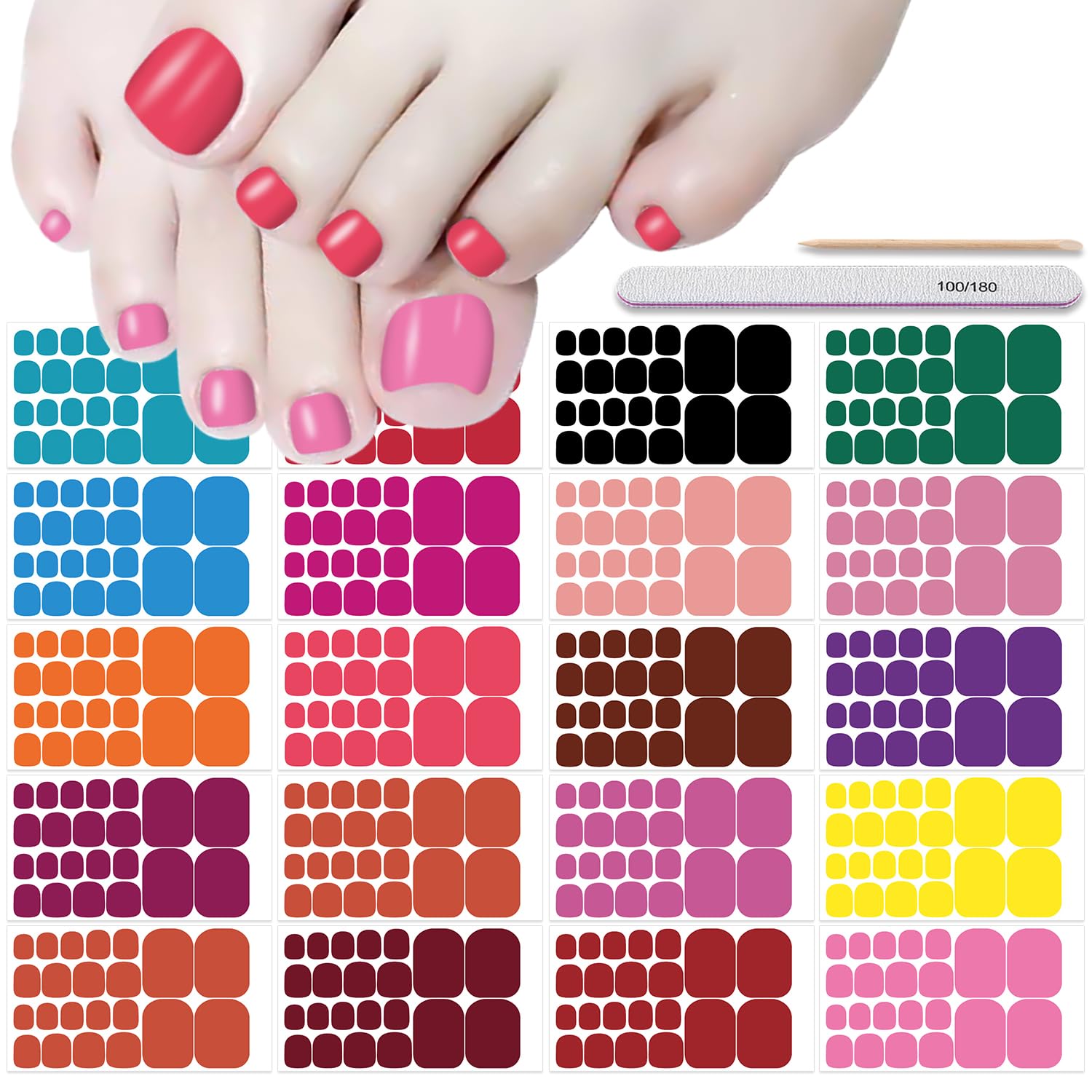 DANNEASY 20 Color Toenail Nail Stickers and Wraps - Full Nail Polish Strips with Adhesive, Gel Nail Polish, File and Cuticle Stick
