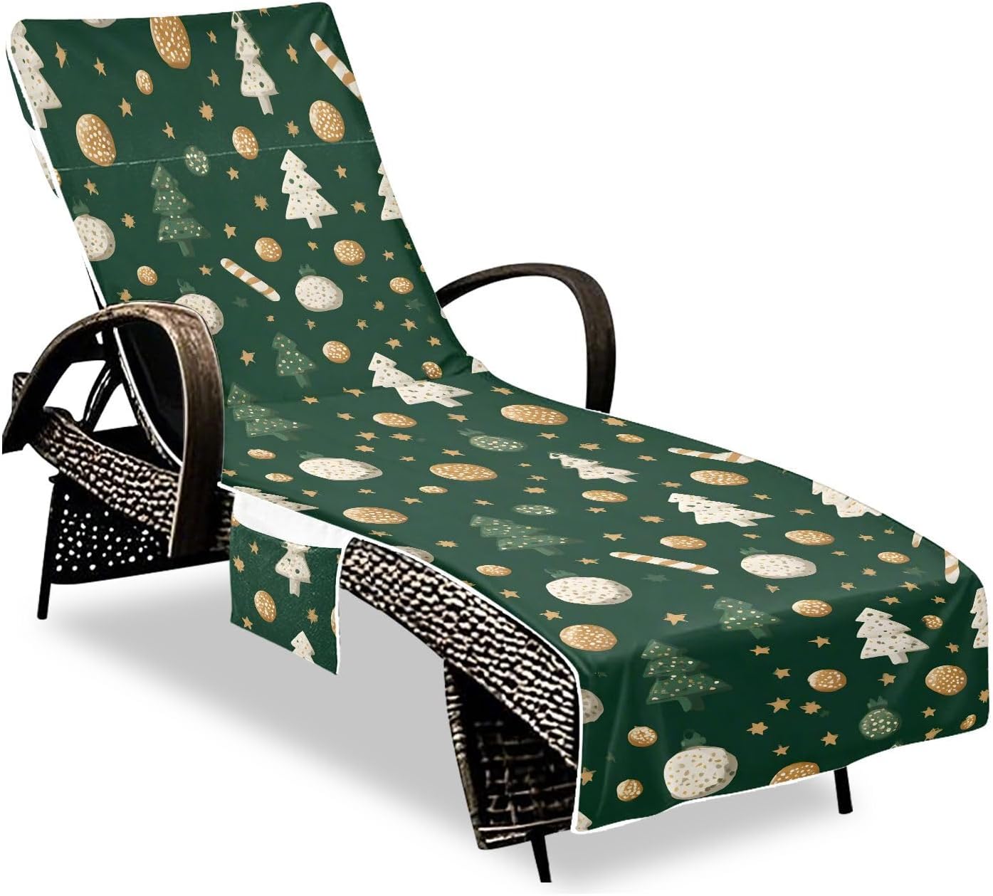 Lounge Chair Cover with Side Pockets Beach Chair Cover Christmas Green Tree Microfiber Pool Chaise Towel No Sliding for Outdoor Beach Garden Sunbathing Patio, 85 x30 in