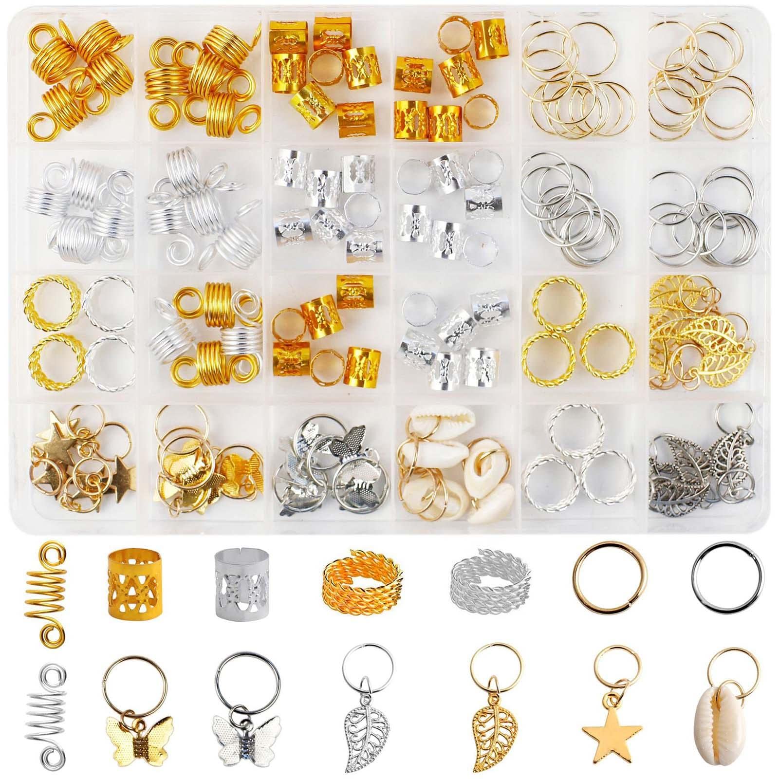 Zestaw 5 140 sztuk koralików do zaplatania włosów, metalowe, do bransoletki, włosów, DIY, ozdoby do włosów, 140 szt., złote i srebrne