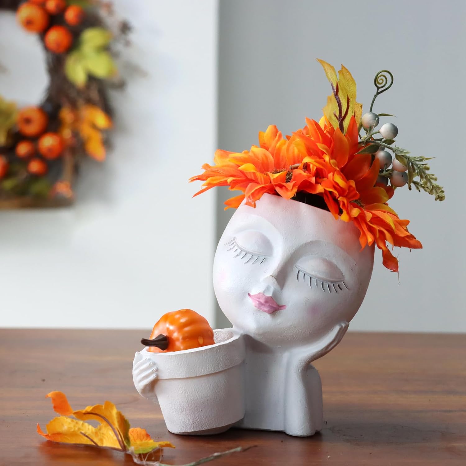 Face Planter Pot, 2-in-1 Resin Head Planter with Mini Pot, Cute Lady Flower Pots with Drainage for Indoor Outdoor Plants, Unique Succulent Cactus Planter, Ideal Gardening Gifts for Women Mom (White)