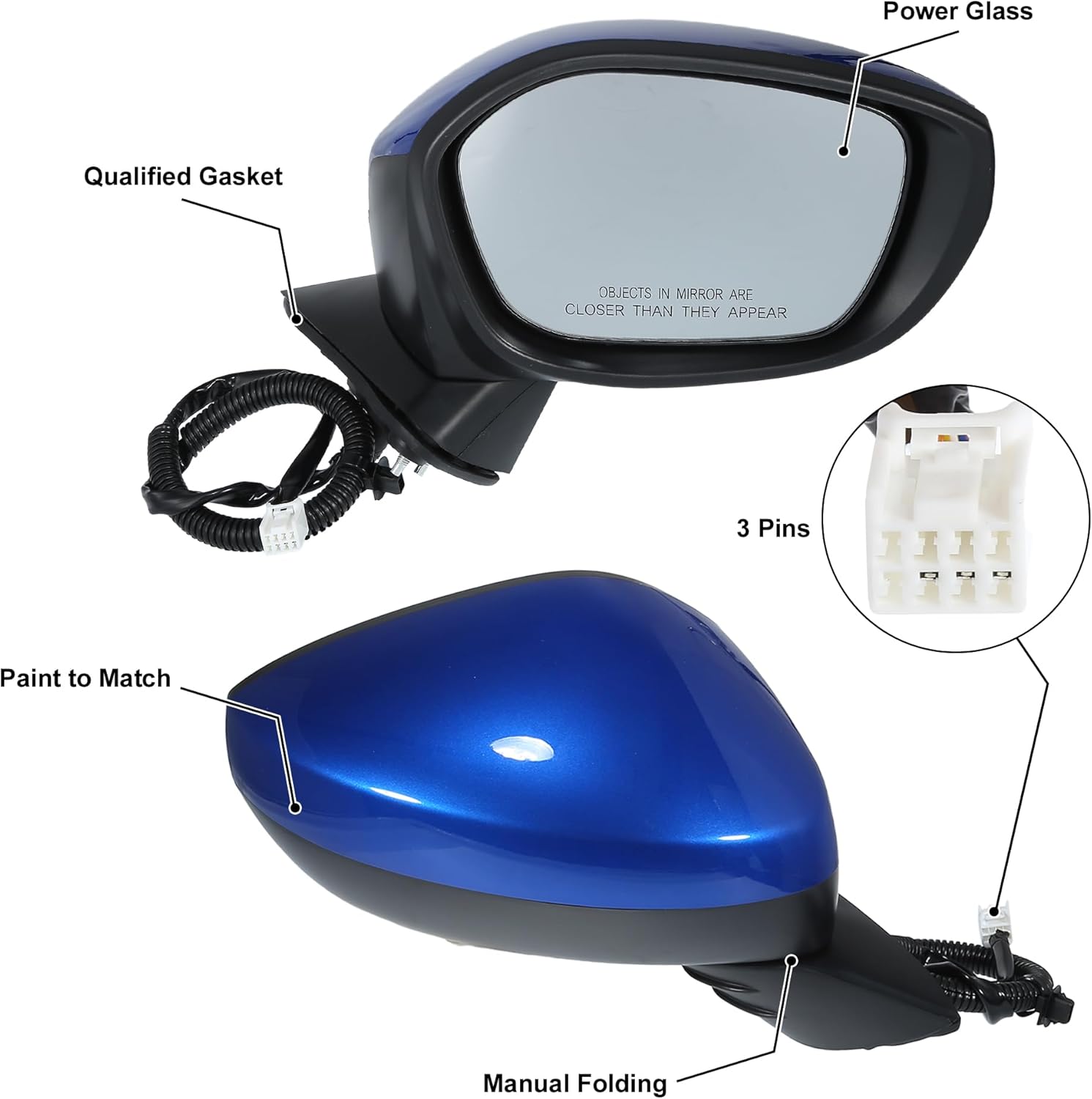 X AUTOHAUX Door Mirror Assembly Right Passenger Side for Honda Civic 2022-2023 Power Glass Non-Heated Manual Folding 3 Pins Blue Paint to Match Replace No.76258T20A01