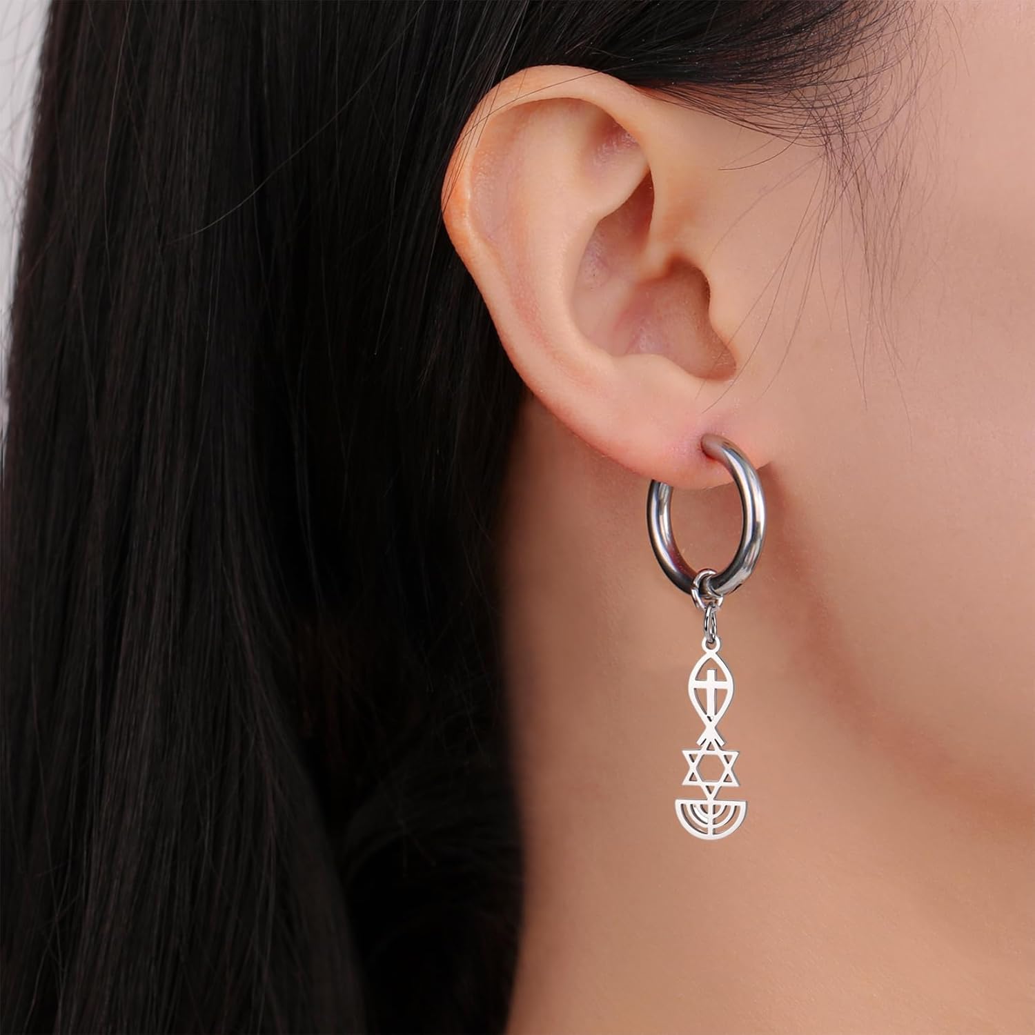 Messianic Seal Dangle Earrings Messianic Seal of Jerusalem Earrings Star of David,Ichthus with Cross,Menorah,Jewish Star Earrings Religious Hanukkah Jewelry Token of Prayer - Image 2