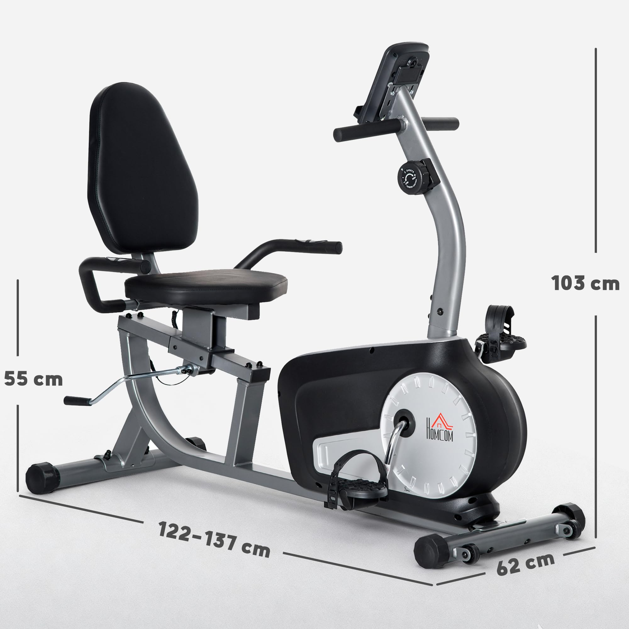 HOMCOM Cyclette da Casa con 8 Livelli di Resistenza, Cyclette Orizzontale Recumbent con Ruote, Monitor LCD e Seduta Regolabile, in Acciaio e ABS, per Home Gym Casa, 122-137x62x103cm