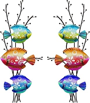 Landhoow 2 Pcs Coastal Wall Decor Metal Fish Wall Art Beach Ocean Sea Tropical Fish Art Nautical Hanging Sculpture for Summer Party Favor Indoor Outdoor Bedroom Living Room Kitchen