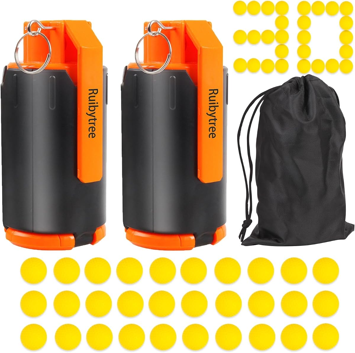 Ruibytree CS Tactical Plastic Toy Grenade for Nerf Rival Battle Game, 2Pack | Fun Game Design, Pull Pin & Impact Action, Durable ABS, Reusable, 30 Foam Balls & Storage Pouch for Outdoor Play