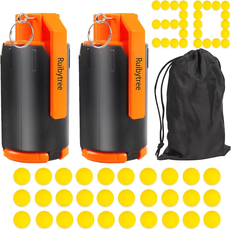 Ruibytree CS Tactical Plastic Toy Grenade for Nerf Rival Battle Game, 2Pack | Fun Game Design, Pull Pin & Impact Action, Durable ABS, Reusable, 30 Foam Balls & Storage Pouch for Outdoor Play