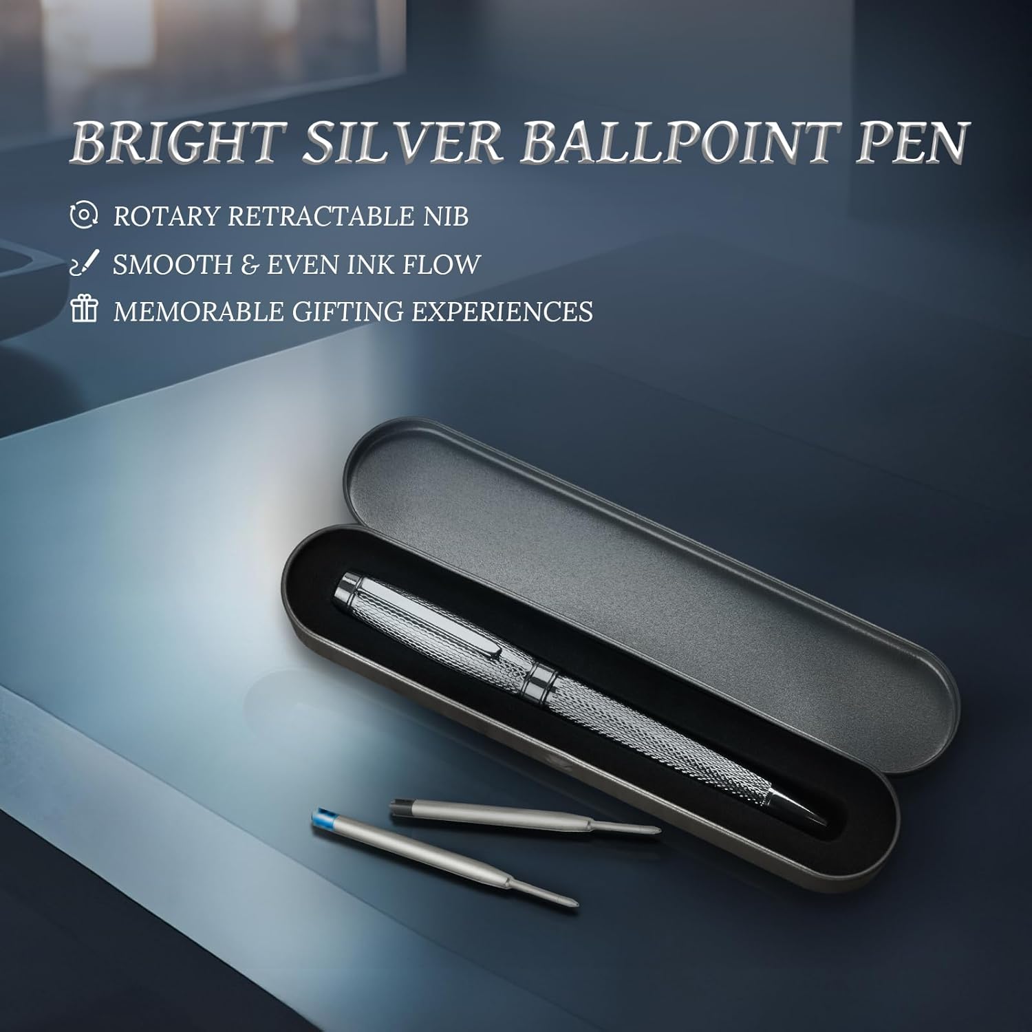 YUNCHUN Executive Pens for Men, Heavy Ballpoint Pens Set for Men Gift, Retractable Ball Point Pens for Work, Smooth Writing Black Ink with Lozenge Pattern, Silver - Image 2