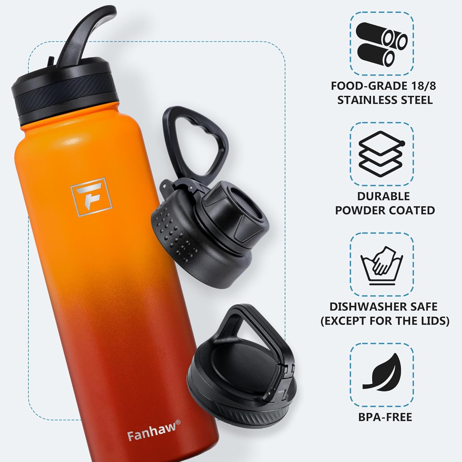 Fanhaw 40 oz Insulated Water Bottle – Stainless Steel Flask with 3 Lids (Straw, Spout, Carabiner) | Durable, Leakproof, for Hiking, Camping, Outdoor Adventures & Travel (Yellow Orange) - Image 3