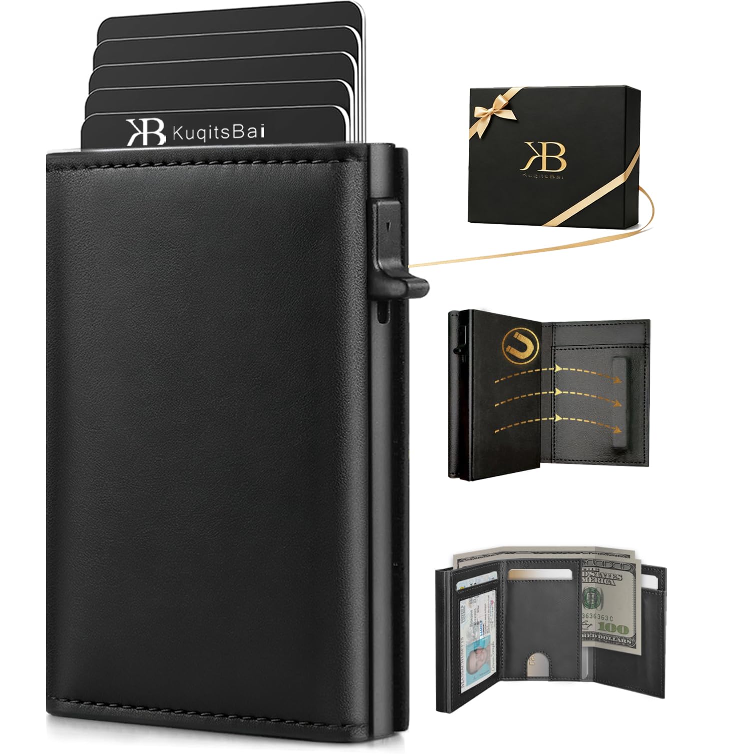 KuqitsBai Geldbörse Herren Leder mit RFID Schutz, Slim Wallet Kartenetui Klein Magnetverschluss, Geldbeutel Herren für 10 Kreditkarten Kreditkartenetui, Geschenke für Männer
