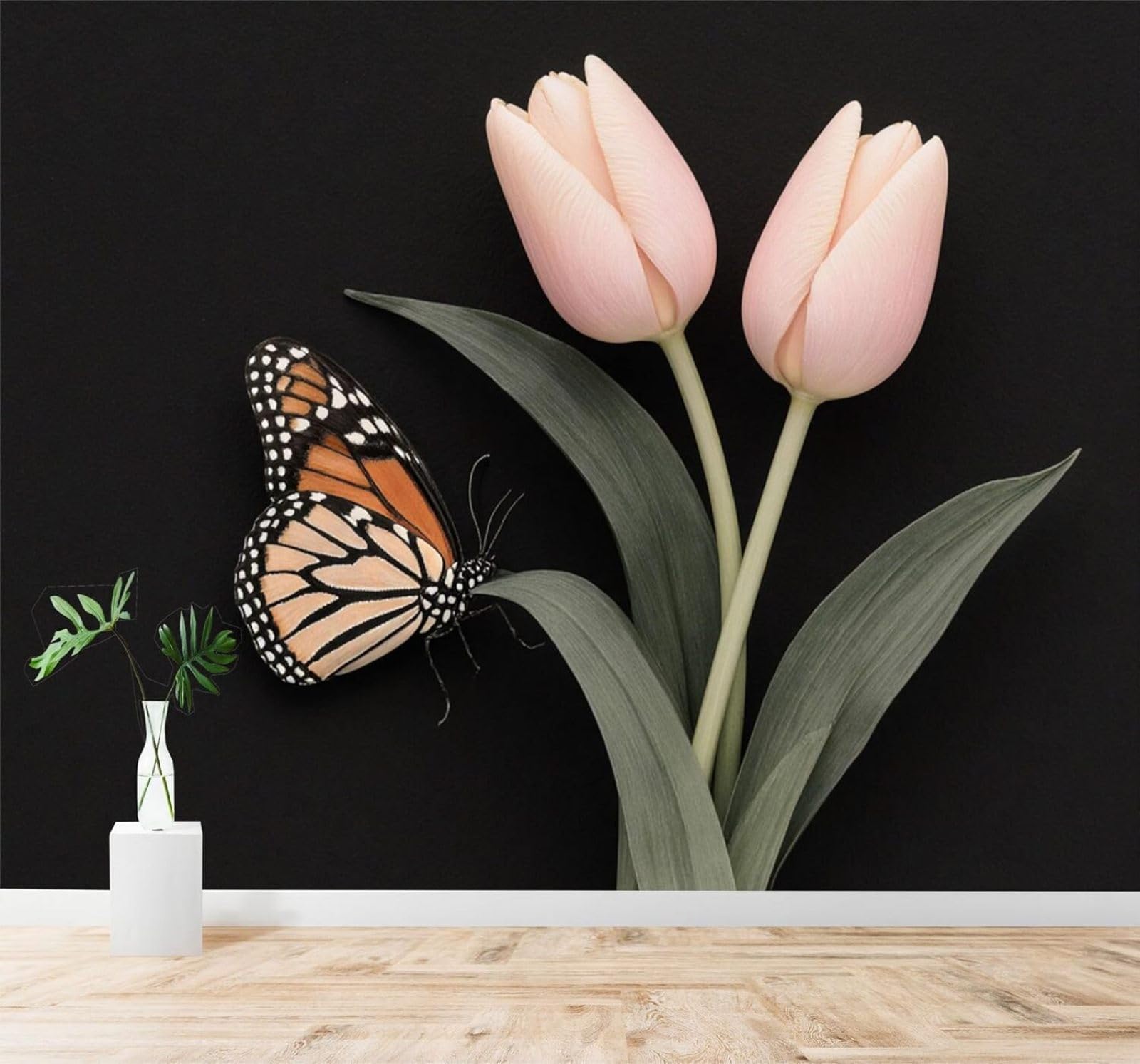 XLMING Pink Tulips Butterflies Green Leaves Elegant Flowers Art 3D Wallpaper Premium Textured Silk Study Dining Living Room Bedroom Sofa TV Wall Easy Install-400cm×280cm