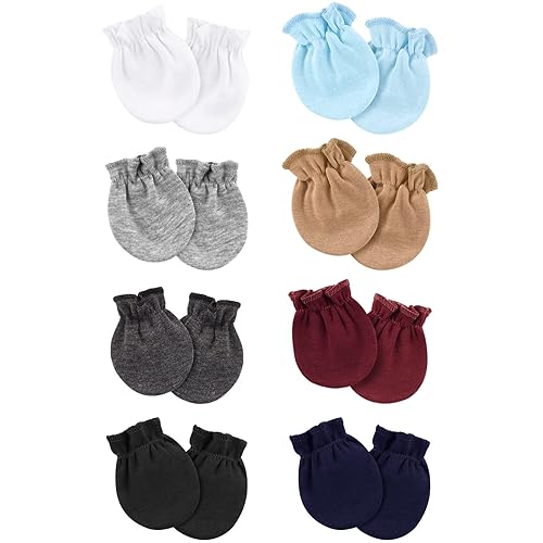 BQUBO Newborn Infant Toddler Mittens No Scratch Cotton Elastic Wrist Gloves Hypoallergenic for 0-6 Months Baby Boys Girls - 8 Pairs: White, Light Gray, Gray, Black, Navy Blue, Wine Red, Blue, Camel