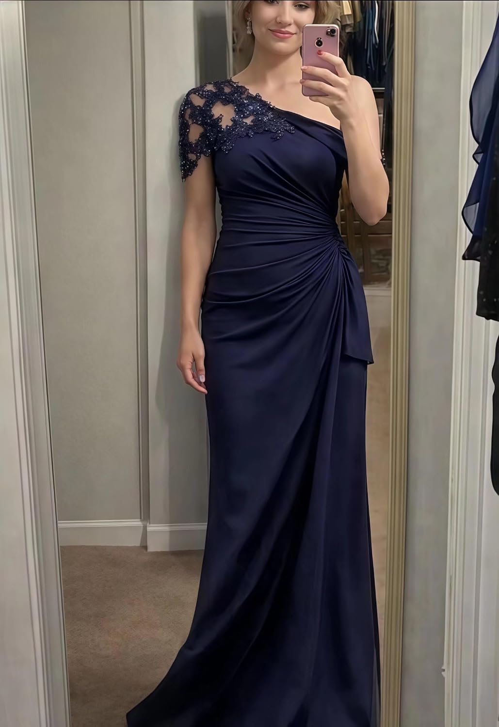 Dydsz Women's One Shoulder Sheath Mother of The Bride Dresses Elegant Evening Formal Gowns Chiffon Prom Dress with Appliques