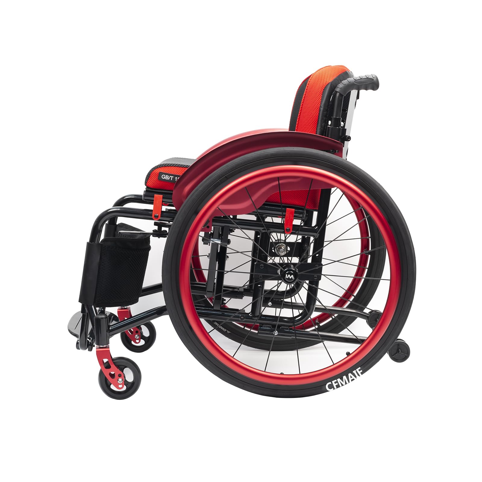 Lekki składany wózek inwalidzki, aluminiowy wózek inwalidzki, sportowy, hamulec ręczny, samobieżny, na zewnątrz (38 cm/14,9 cala, czerwony 1)