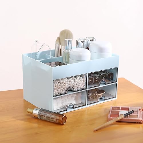 Miniatura 6 de MILULUGO Organizador de escritorio con 4 cajones, organizador de maquillaje, 4 compartimentos para esmalte de uñas, lápiz labial, pinceles, joyas,