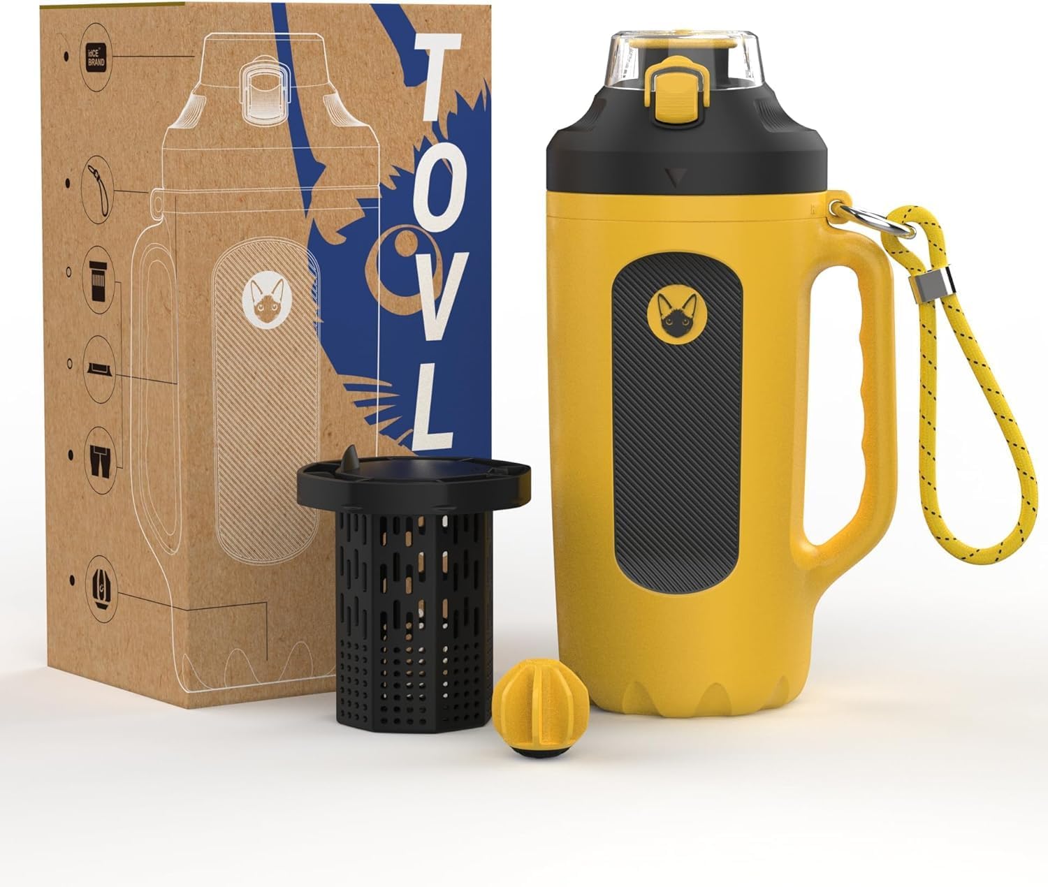 32oz Insulated Water Bottle Multi-Function Sports Jug with Handle & Magnetic Blender - Leak Resistant for Baseball Football Gym & Outdoor Activities (Vibrant Yellow & Carbon Black)