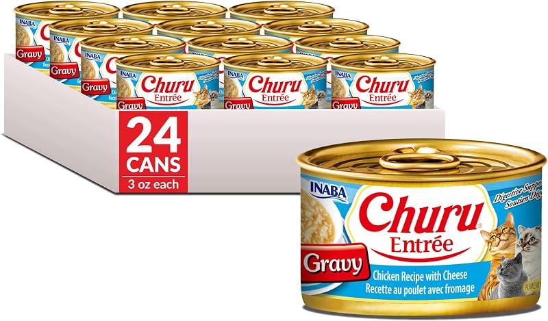 INABA Churu Entree alimento úmido para gatos adultos com frango e queijo ao molho, 24 unidades de 85 g