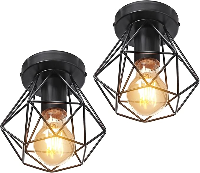 iDEGU iDEGU Plafondlamp, industrieel, vintage, kroonluchter, hanglamp, E27, retro, design, kooi, ijzer, plafondlamp voor hal, woonkamer, keuken, slaapkamer, Ø 16 cm (kooi A, zwart)