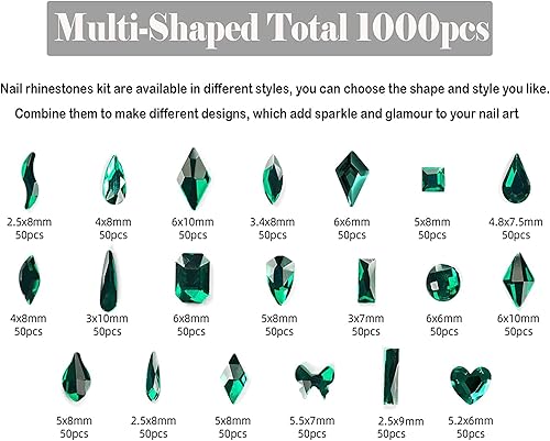 Miniatura 4 de Diamantes de imitación para decoración de uñas, 1000 diamantes de forma especial, mezcla de 20 estilos de diamantes de imitación con parte trasera