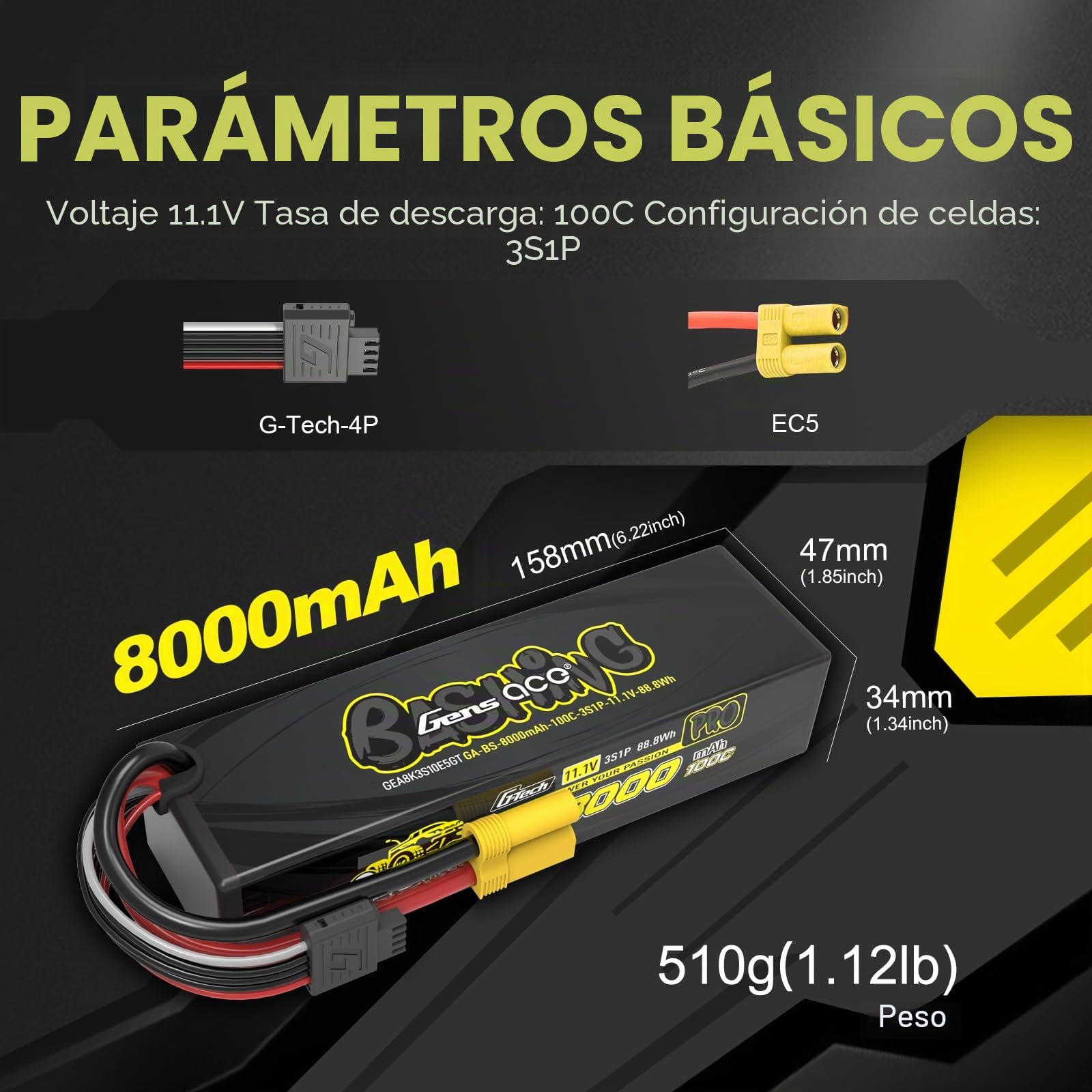 Gens ace 3S LiPo 8000mAh 11.1V 100C Batería de Gran Capacidad diseñada para Coches RC con Conector EC5 y Enchufe G-Tech Negro, Compatible con Modelos a Escala 1/7, 1/8 y 1/10