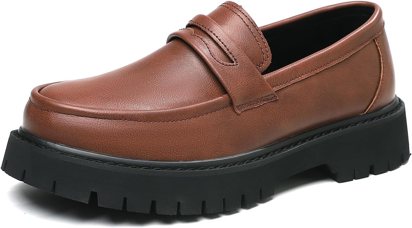 Men's Leather Platform Chunky Slip-On Penny Loafers Classic Round Toe Lug Sole Business Casual Formal Work Shoes