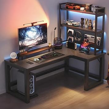Amecke Large L-Shaped Desk, Computer Desk, Computer Desk, L-Shaped Corner Desk, Carbon Fiber Tabletop, L-Shaped Computer Gaming Desk, Home Office Computer, Study, Storage, Office Space Saving, Home