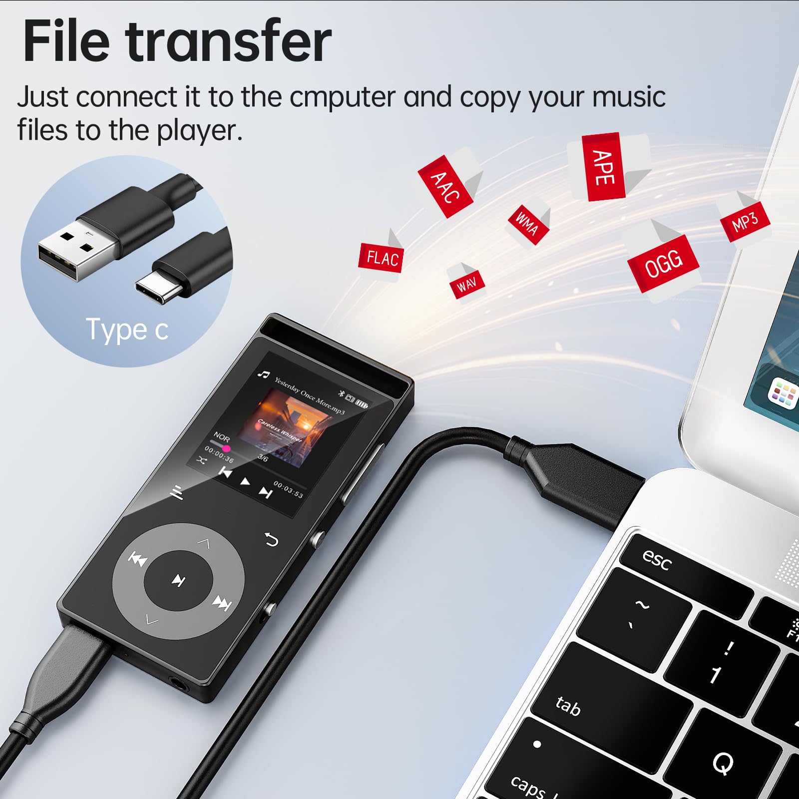 90GB MP3 Player Bluetooth 5.3, HiFi-Sound MP3-Player mit Touch-Tasten | MP3 mit Musik, Farbdisplay, Metallgehäuse, E-Book, FM-Radio, Kopfhörer, Speicher bis 128 GB erweiterbar (Schwarz)