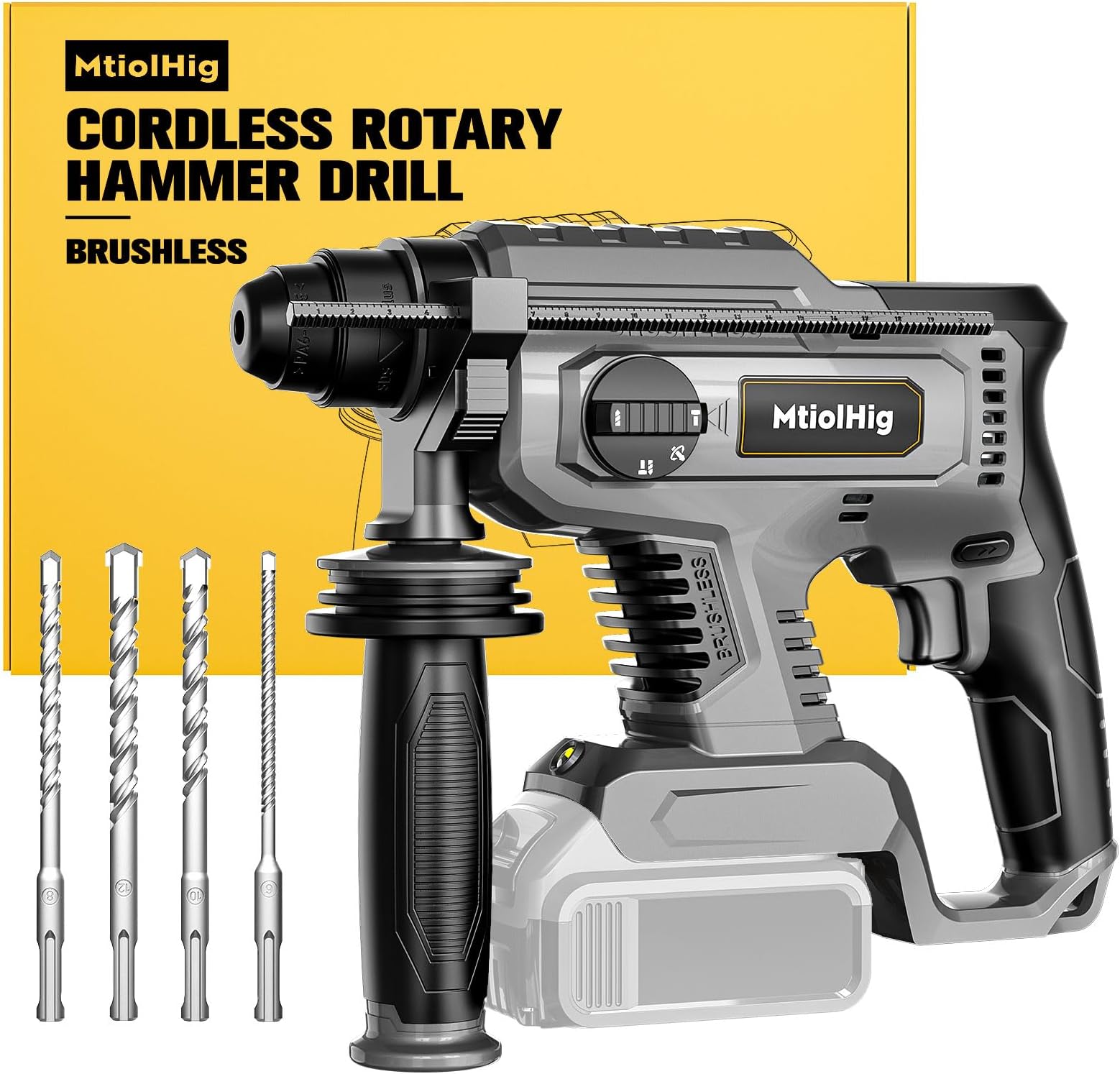 Cordless Rotary Hammer Drill for Dewalt 20V MAX Battery, Brushless SDS-Plus Hammer Drill with Safety Clutch for Concrete/Masonry, 4 Modes with 360°Auxiliary Handle, Including 4 Drill Bits