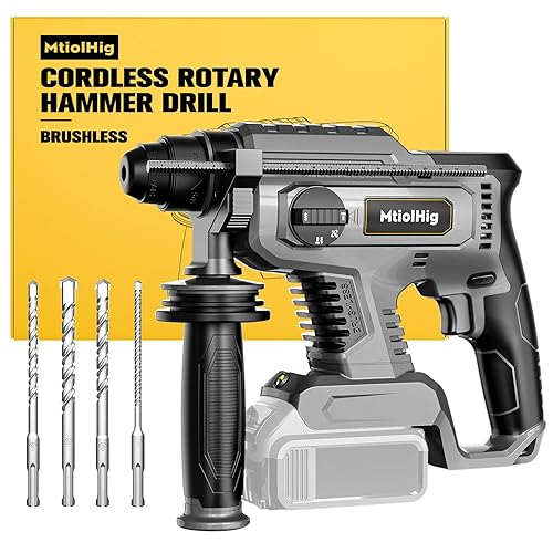 MtiolHig Cordless Rotary Hammer Drill for Dewalt 20V MAX Battery, Brushless SDS-Plus Hammer Drill with Safety Clutch for Concrete/Masonry, 4 Modes with 360°Auxiliary Handle, Including 4 Drill Bits