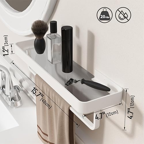 Miniatura 3 de Danpoo Estante de baño flotante de 16 pulgadas de largo con toallero, estante de pared de vidrio templado transparente con soporte para toalla