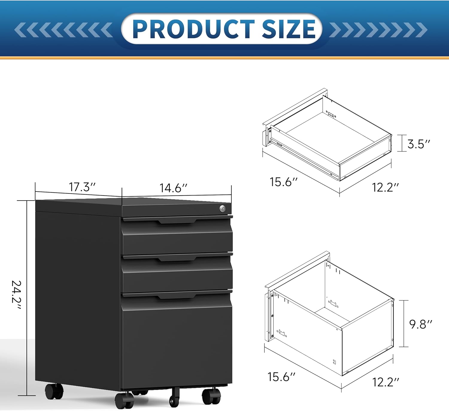 Locking File Cabinet 3 Drawers on Wheels Under Desk, Metal Filing Cabinets for Home Office, A4, Letter-Size Files, Hanging File Folders-Black