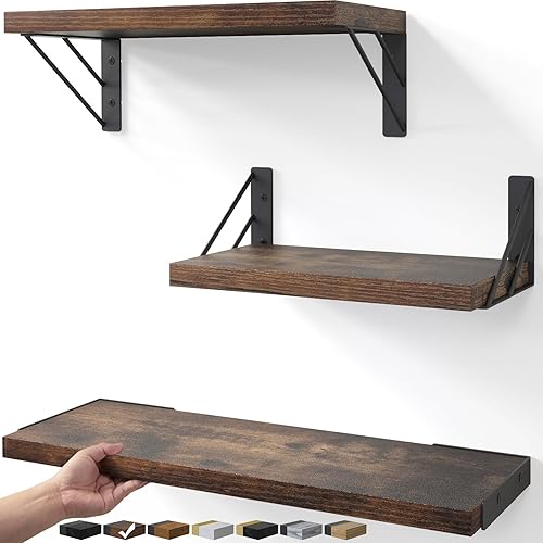Miniatura 77 de BAYKA Estantes de pared para decoración de dormitorio, estantes flotantes para sala de estar, cocina, estantes flotantes montados de madera rústica