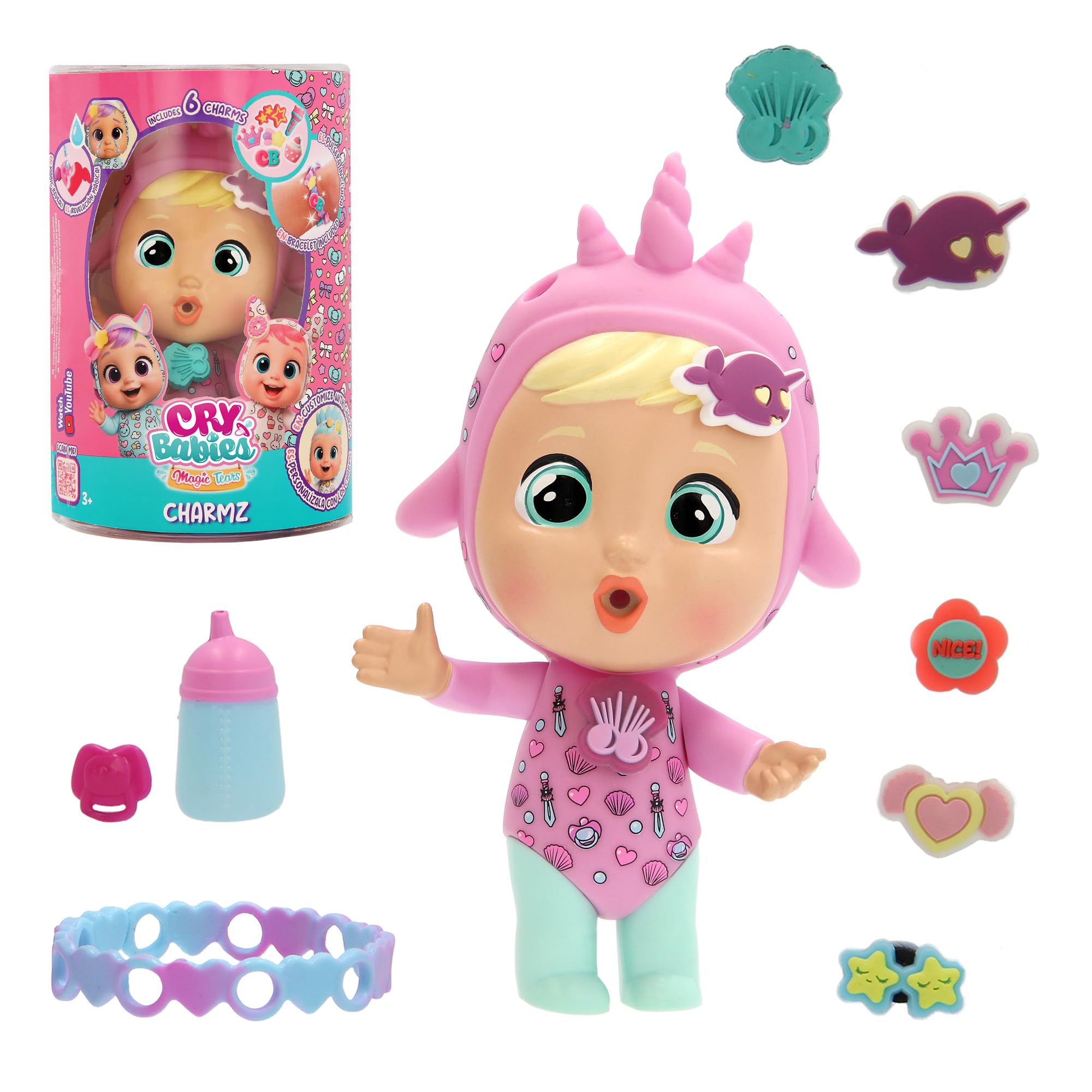 Cry Babies Magic Tears Charmz Surprise Doll – Stella – Mini Doll with 6 Charm Charms, Bracelet & Water-Crying Feature – Collectible Toy for Kids
