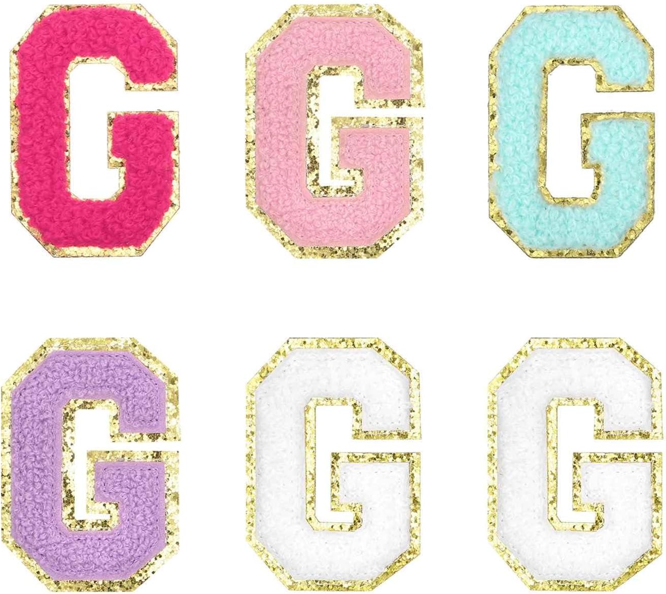 MECCANIXITY 2" Chenille Letter G Patches, Chenille Initial A-Z Embroidered Patch Sew Iron on for DIY T-Shirt Clothing Jacket Bag (Blue,Purple,Rose Red,Pink,White),Pack of 6
